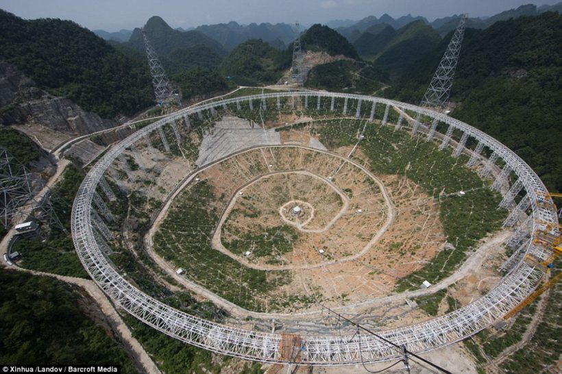The five-hundred-metre Aperture Spherical radio Telescope under construction in Pingtang county in southwest China's Guizhou province.